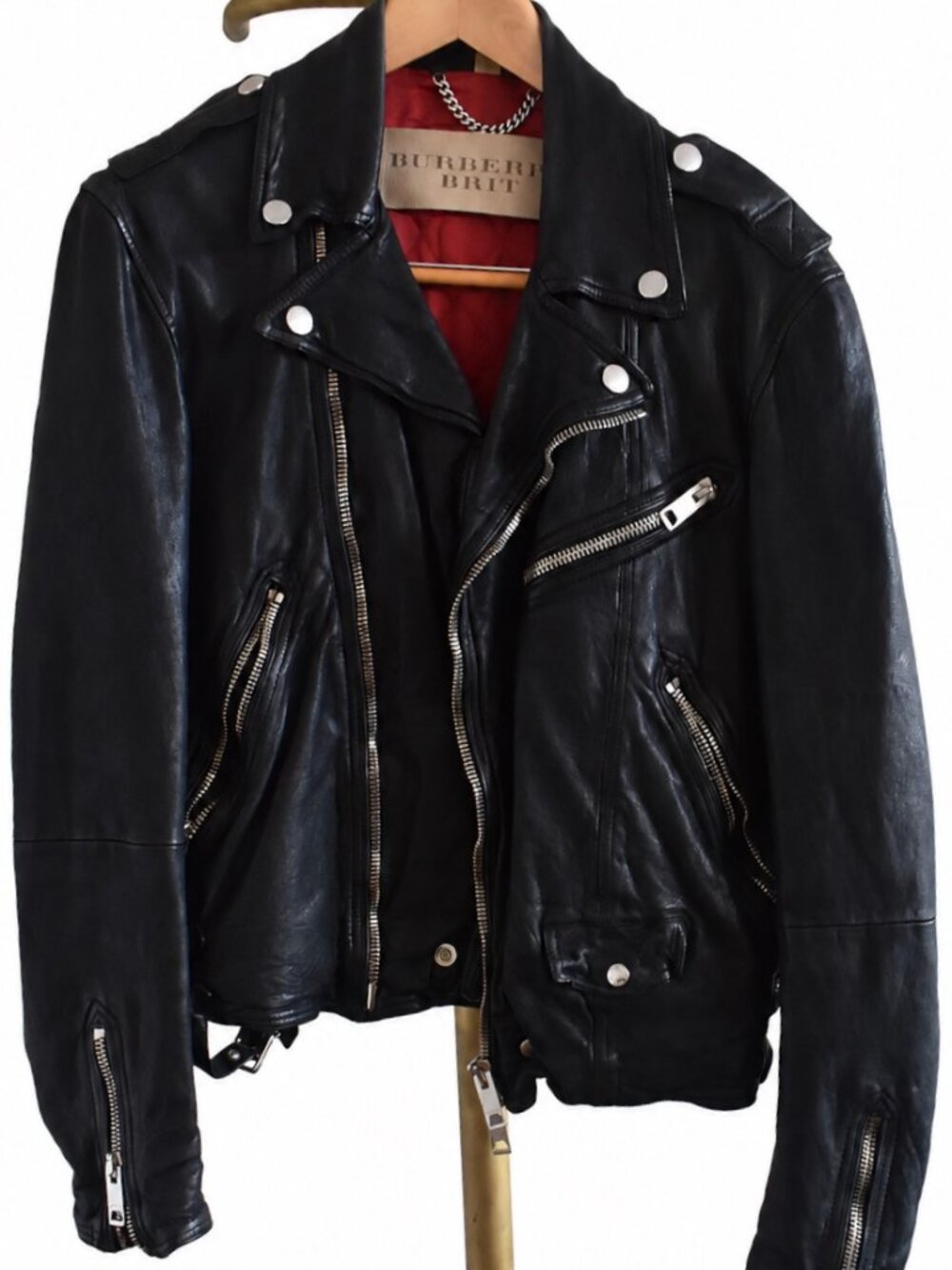Burberry Leather Motorcycle Jacket, Medium, Black.